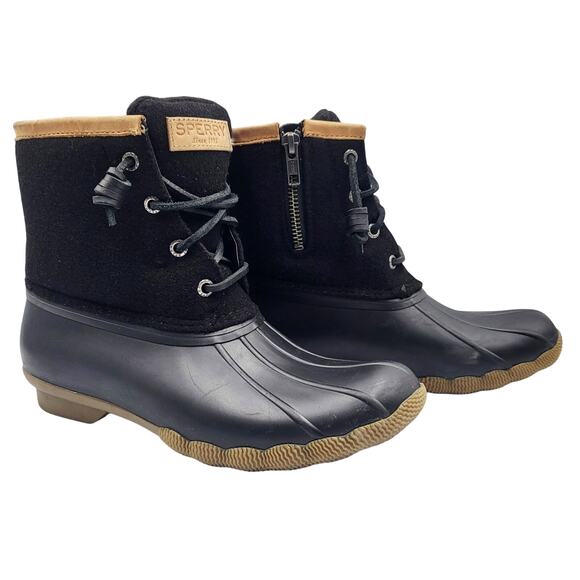 Sperry Saltwater Duck Boots Black & Tan Wool Waterproof Side Zip Women's Sz 6.5 - Picture 1 of 12